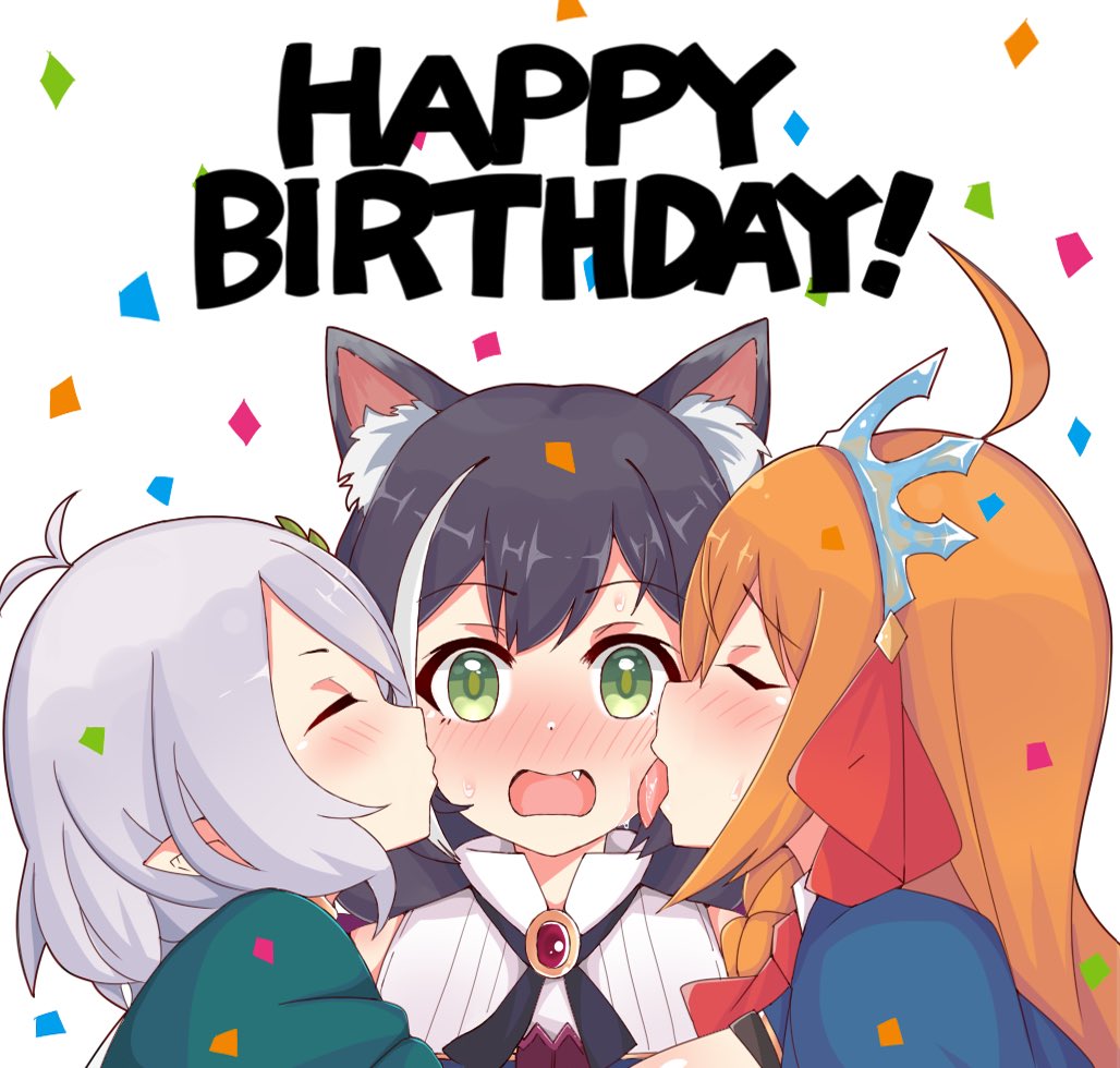 3girls ahoge animal_ear_fluff animal_ears antenna_hair bangs black_hair blush breasts cat_ears cheek_kiss closed_eyes confetti elf face_licking fang green_eyes happy_birthday k-y karyl_(princess_connect!) kiss kokkoro_(princess_connect!) large_breasts licking long_hair looking_at_viewer multicolored_hair multiple_girls neck_ribbon nose_blush orange_hair pecorine pointy_ears profile puffy_sleeves red_ribbon ribbon shiny shiny_hair shiny_skin silver_hair simple_background sleeveless streaked_hair tiara tongue tongue_out upper_body white_background