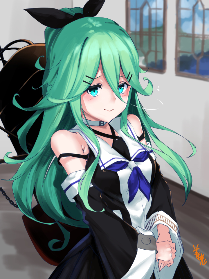 1girl artist_name black_ribbon black_serafuku black_skirt blue_eyes blue_neckwear blush closed_mouth green_hair hair_ribbon kantai_collection long_hair long_sleeves neckerchief pleated_skirt ponytail ribbon school_uniform serafuku signature skirt solo window yamakaze_(kantai_collection) youmou_usagi