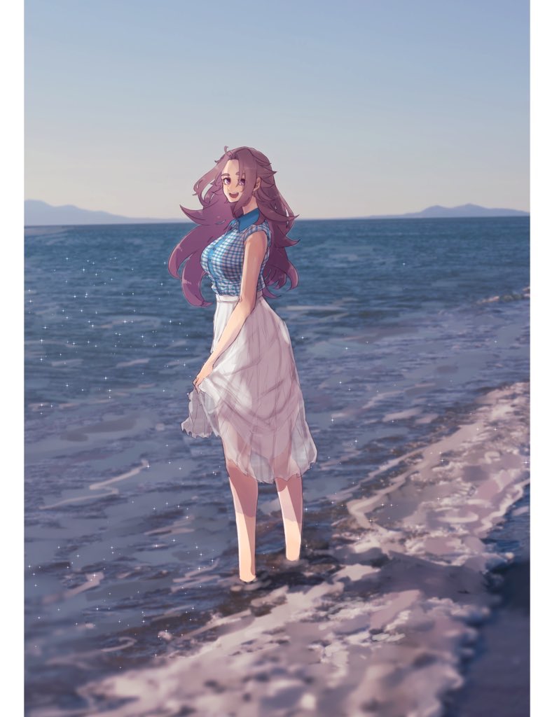 1girl a-maru_(aaa_circle0110) alternate_costume beach breasts day gingham jun'you_(kantai_collection) kantai_collection large_breasts long_hair ocean open_mouth outdoors purple_hair shirt skirt sky sleeveless sleeveless_shirt solo spiky_hair standing violet_eyes white_skirt