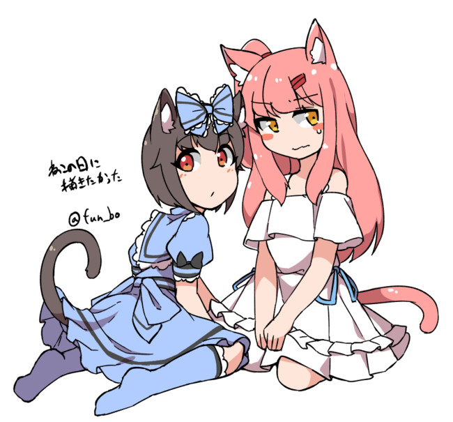 1girl animal_ears blue_dress blush cat_ears cat_tail dress fun_bo hair_ornament hairclip original pink_hair ribbon shota sweatdrop tail white_dress