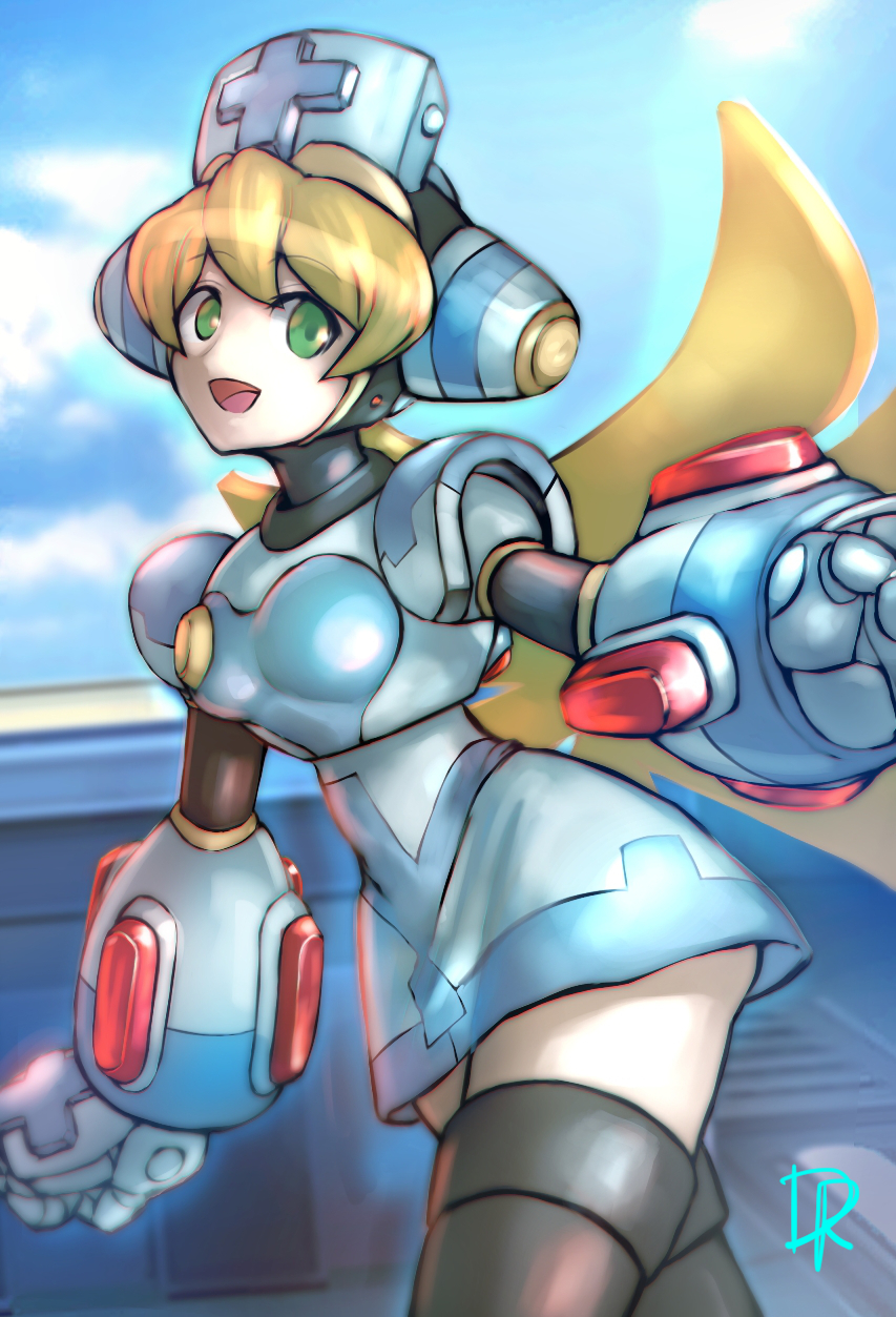 1girl android blonde_hair blue_sky breasts cinnamon clouds dgrp_(minhduc12333) english_commentary eyebrows_visible_through_hair green_eyes headgear highres long_hair nurse open_mouth rockman rockman_x rockman_x_command_mission sky small_breasts smile solo thigh-highs zettai_ryouiki