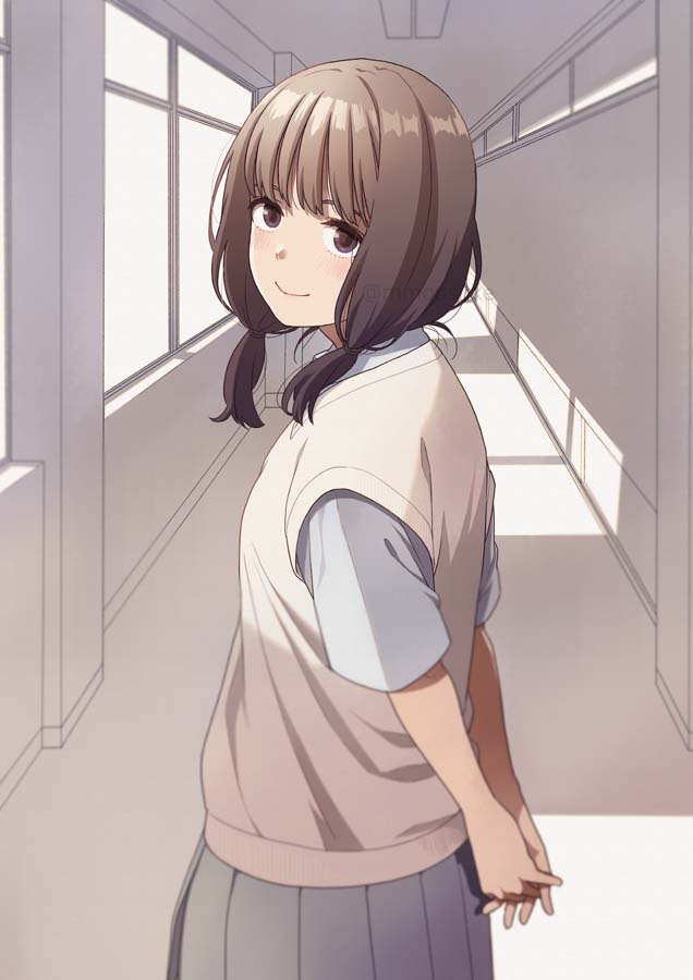 1girl arms_behind_back brown_eyes brown_hair hallway interlocked_fingers light_smile looking_at_viewer mattaku_mousuke original school_uniform solo twintails vest watermark