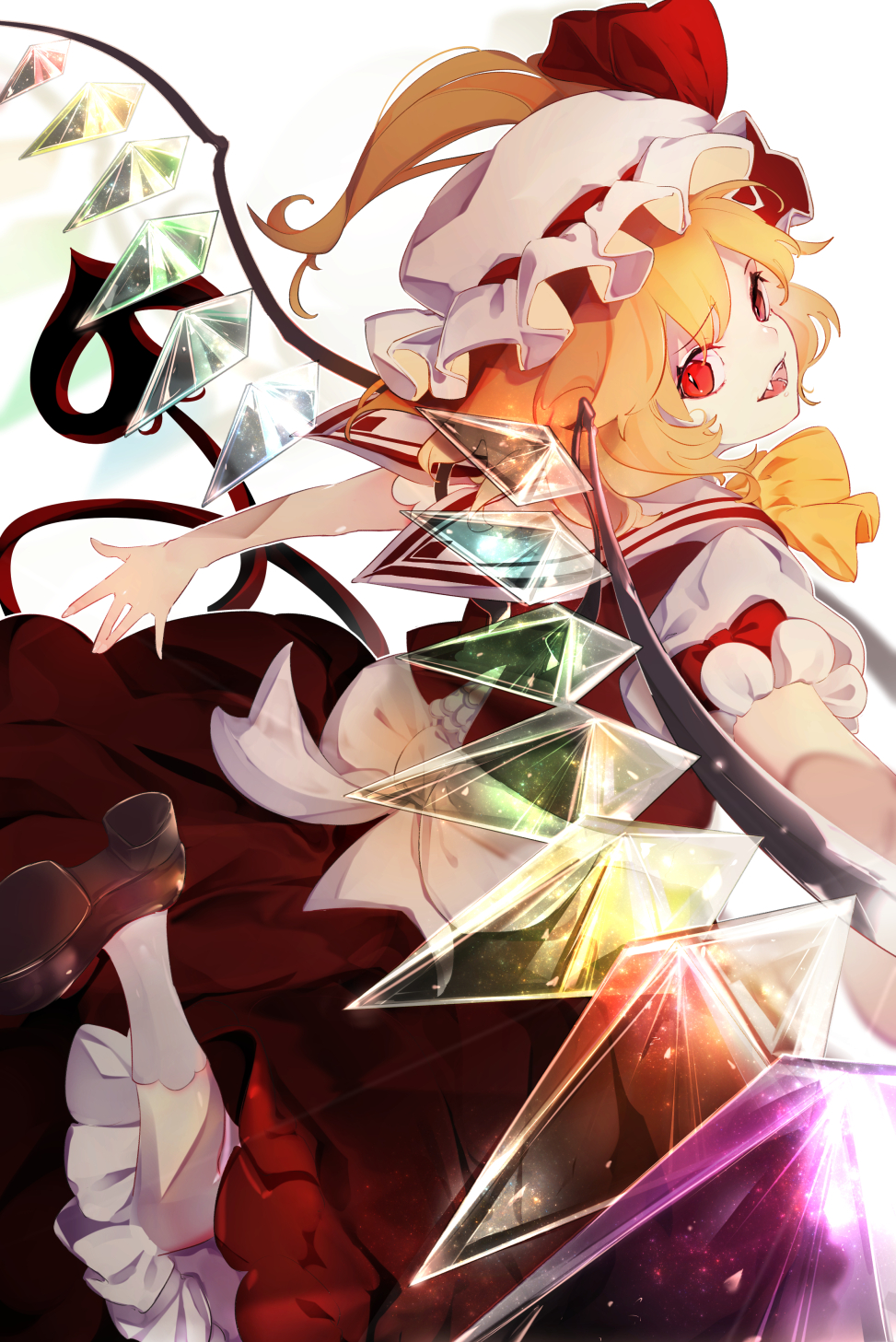 1girl blonde_hair bow crystal fang flandre_scarlet highres laevatein looking_at_viewer maimuro medium_hair open_mouth outstretched_arms puffy_short_sleeves puffy_sleeves red_eyes red_vest shirt short_sleeves skirt slit_pupils solo touhou vest white_background white_shirt wings