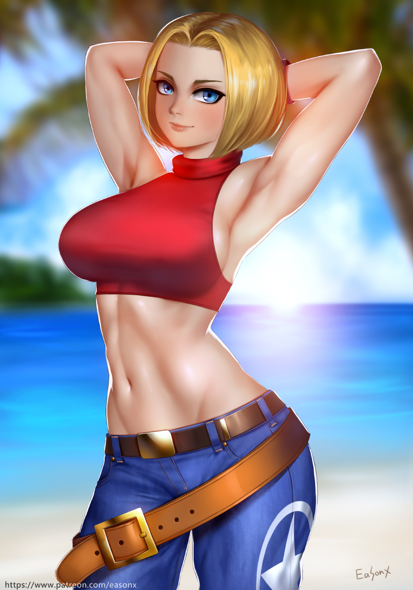 1girl armpits belt blonde_hair blue_eyes blue_mary breasts closed_mouth crop_top denim easonx fatal_fury gloves groin highres jeans looking_at_viewer midriff navel pants short_hair sleeveless smile solo the_king_of_fighters