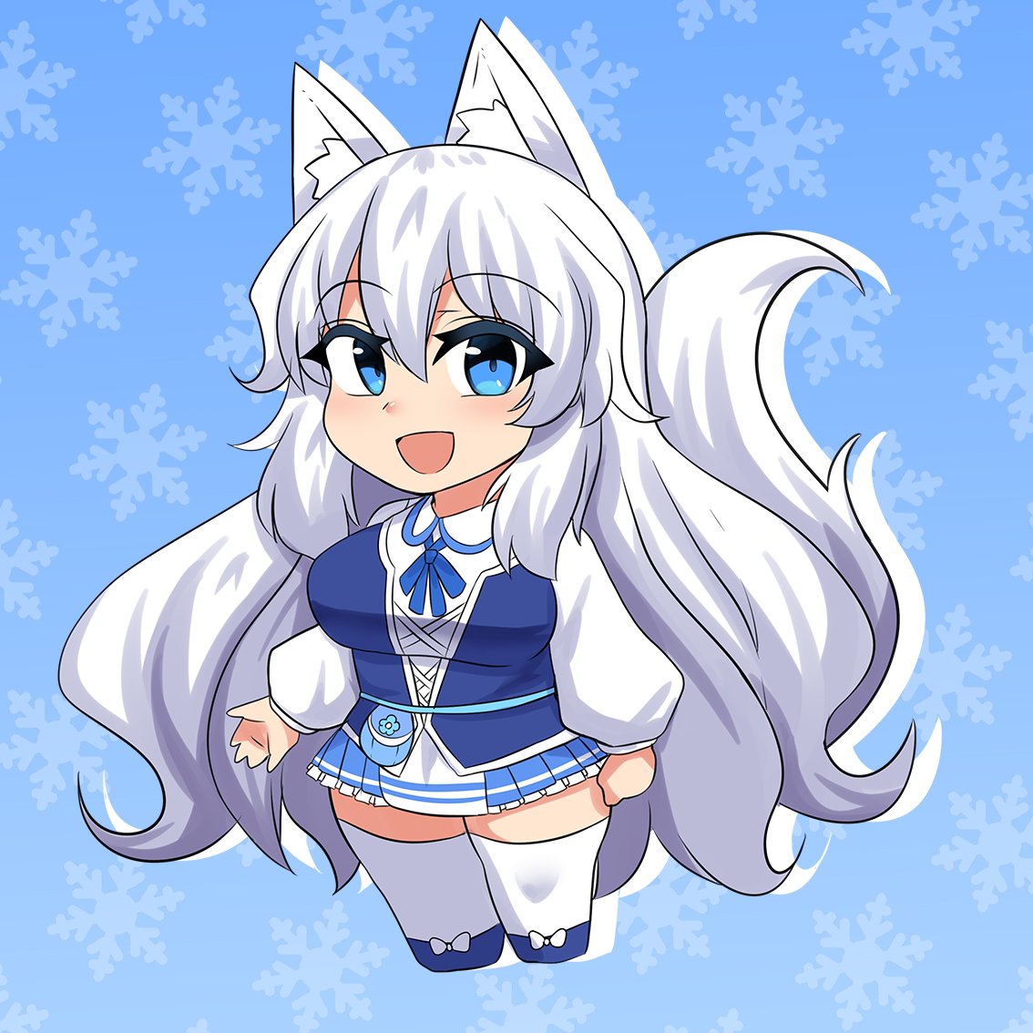 1girl :d animal_ear_fluff animal_ears blue_eyes blue_skirt breasts english_commentary eyebrows_visible_through_hair fang full_body hair_between_eyes hinghoi indie_virtual_youtuber large_breasts long_hair looking_at_viewer lumi_(merryweather) open_mouth sidelocks simple_background skindentation skirt smile snowflake_background solo standing tail thigh-highs thighs virtual_youtuber white_hair white_legwear wolf_ears wolf_tail zettai_ryouiki