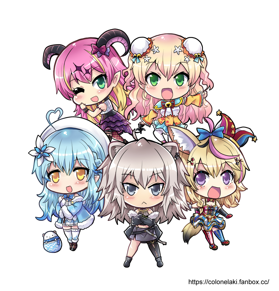 5girls ahoge animal_ears bear bell blonde_hair blue_hair blush_stickers bow bun_cover chibi colonel_aki commentary crossed_arms detached_sleeves double_bun earrings english_commentary fishnet_legwear fishnets flower fox_ears fox_tail fur_trim green_eyes grey_eyes grey_hair hair_between_eyes hair_flower hair_ornament hairclip hololive horn_bow horns jewelry jingle_bell lion_ears lion_tail mano_aloe microphone momosuzu_nene multiple_girls omaru_polka one_eye_closed pink_hair pointy_ears shishiro_botan single_thighhigh skirt tail thigh-highs two_side_up violet_eyes wide_sleeves yellow_eyes yukihana_lamy