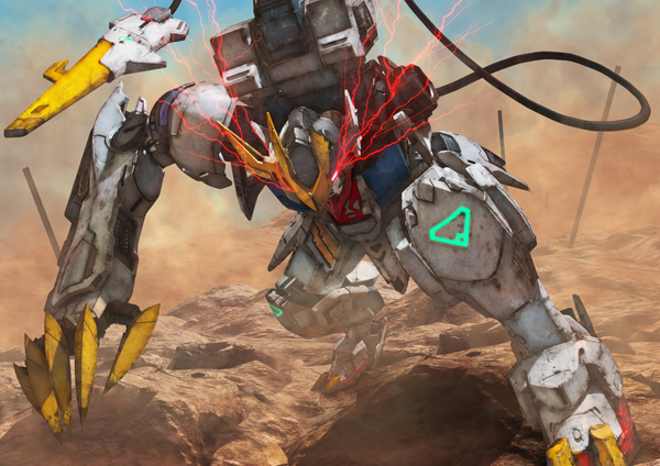 arm_up cable claws commentary_request damaged dirty dust_cloud full_body glowing glowing_eyes gundam gundam_barbatos_lupus_rex gundam_tekketsu_no_orphans leaning_forward looking_at_viewer mecha missing_limb no_humans outdoors photo_background photoshop_(medium) red_eyes robographer rod science_fiction solo standing v-fin