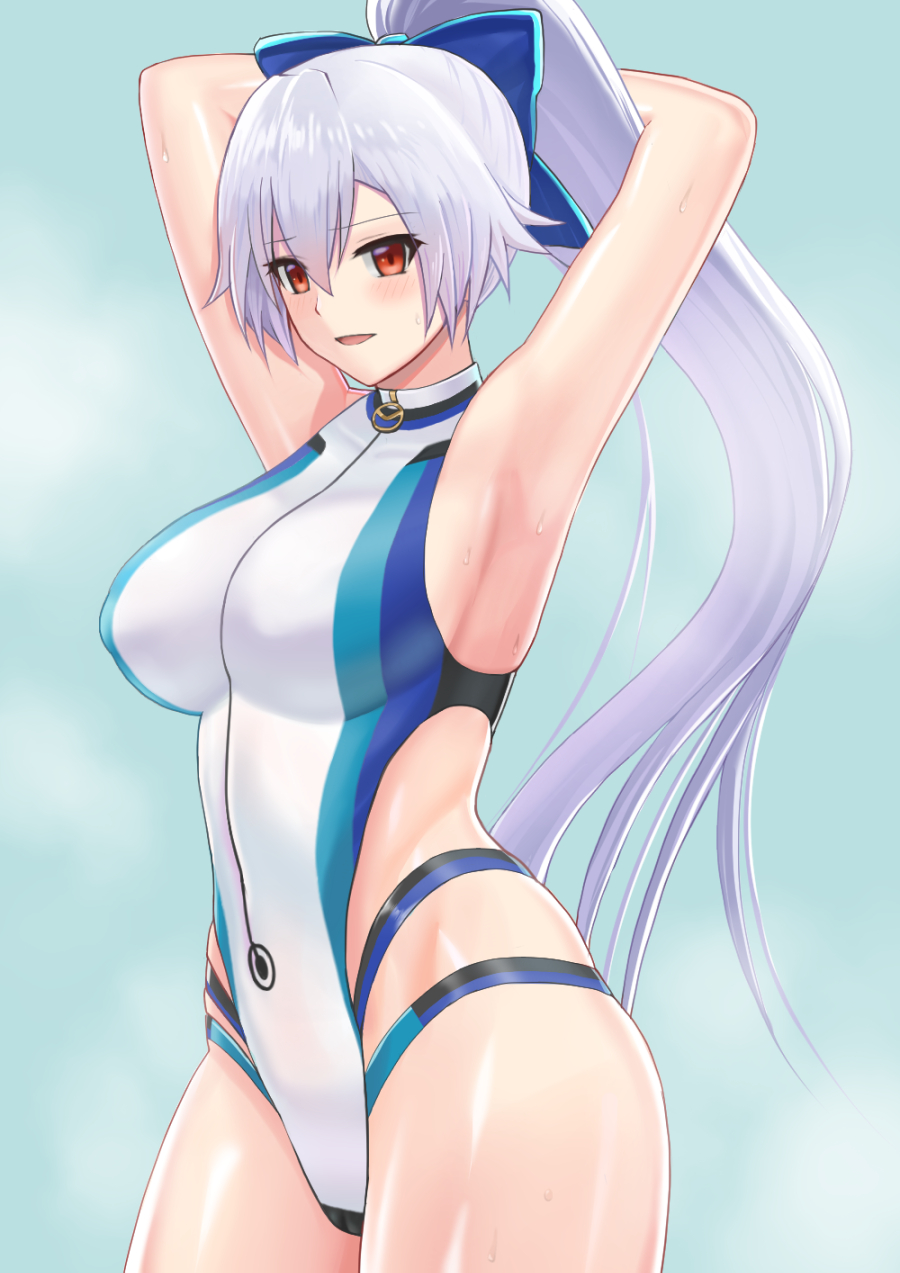 1girl armpits arms_behind_head arms_up bangs blue_bow blue_swimsuit blush bow breasts fate/grand_order fate_(series) hair_between_eyes hair_bow highleg highleg_swimsuit highres higofushi large_breasts long_hair looking_at_viewer one-piece_swimsuit open_mouth ponytail red_eyes silver_hair smile swimsuit thighs tomoe_gozen_(fate/grand_order) tomoe_gozen_(swimsuit_saber)_(fate) two-tone_swimsuit white_swimsuit