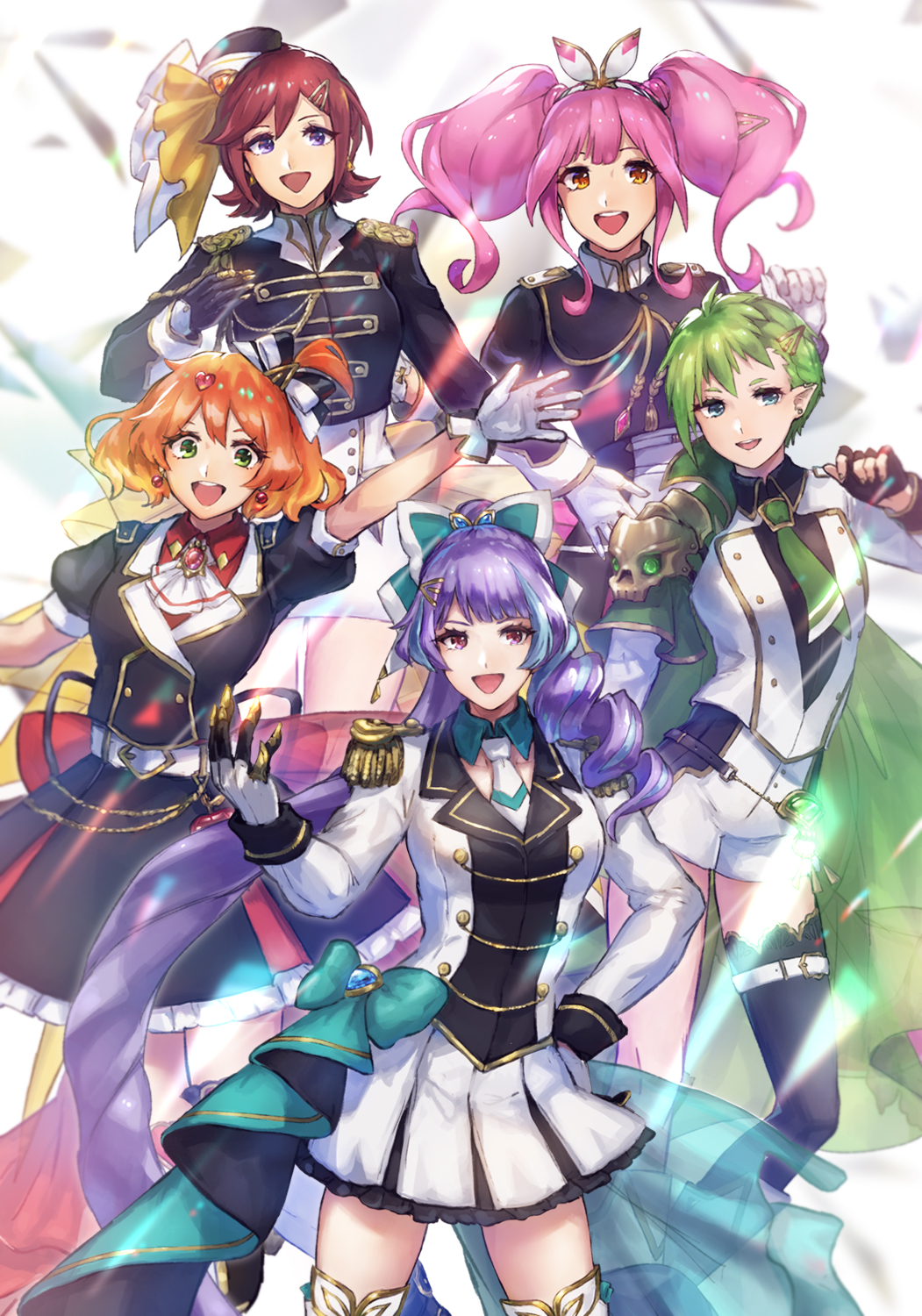 5girls alternate_costume blue_eyes brown_eyes freyja_wion green_eyes green_hair highres idol kaname_buccaneer long_hair looking_to_the_side macross macross_delta makina_nakajima medium_hair mikumo_guynemer multiple_girls open_mouth orange_hair pink_hair purple_hair red_eyes redhead reina_prowler shimatani_azu short_hair single_thighhigh thigh-highs uta_macross_sumaho_deculture very_long_hair violet_eyes walkure_(macross_delta)