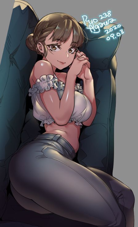 1girl 2020 agawa_ryou artist_name breasts couch dated grey_background hair_bun large_breasts looking_at_viewer lying on_side original signature simple_background smile solo thick_thighs thighs