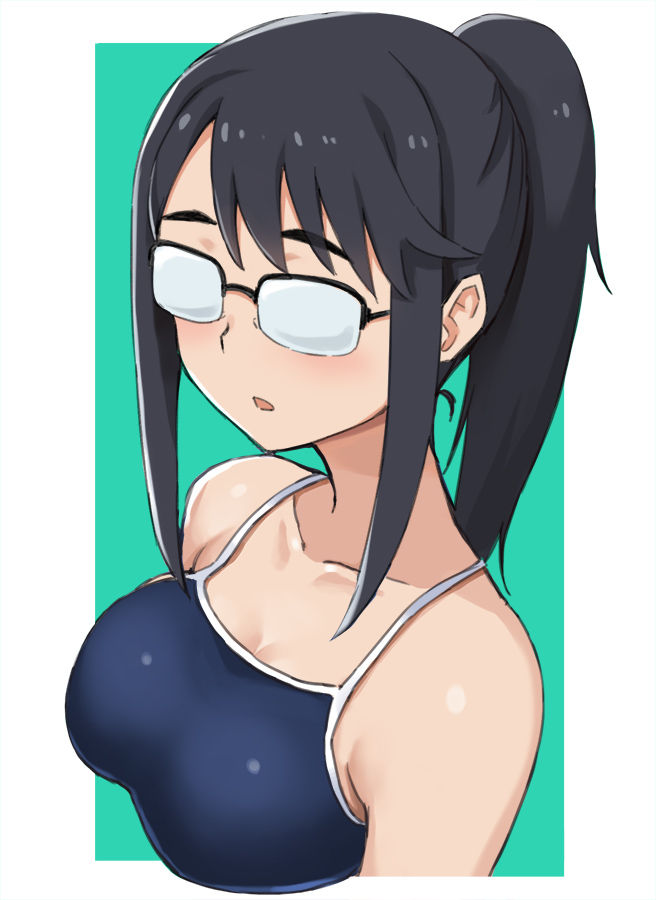 1girl bangs bare_shoulders black_hair breasts collarbone commentary_request eyebrows_visible_through_hair glasses hashi houkago_teibou_nisshi medium_breasts oono_makoto opaque_glasses open_mouth ponytail school_swimsuit simple_background solo swept_bangs swimsuit upper_body