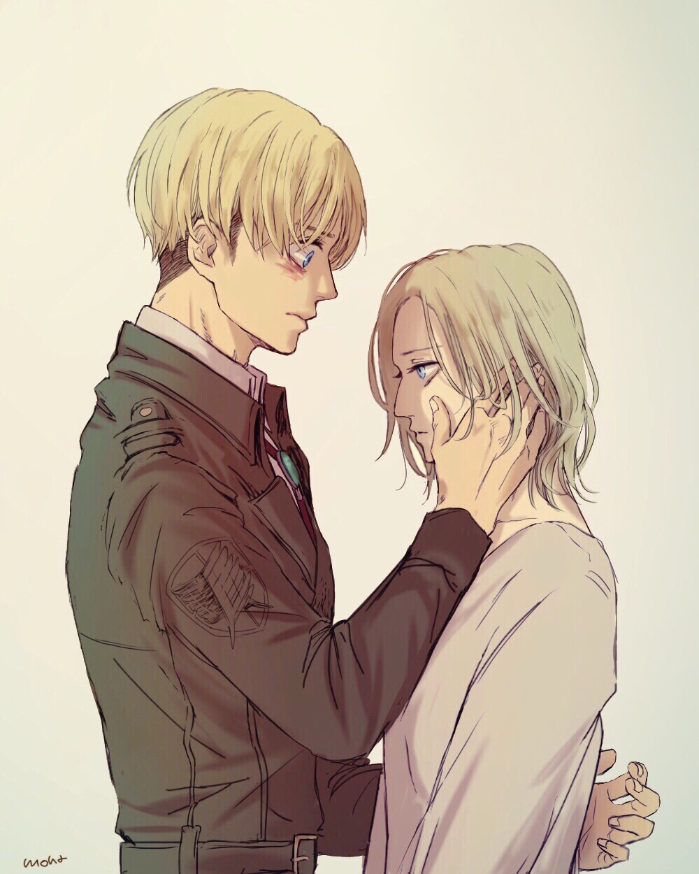 1boy 1girl annie_leonhardt armin_arlert belt belt_buckle blonde_hair blue_eyes blush buckle closed_mouth collarbone commentary_request dress eye_contact green_jacket hand_in_another's_hair hand_on_another's_face height_difference highres jacket long_sleeves looking_at_another military military_uniform mo_nah paradis_military_uniform shingeki_no_kyojin shirt short_hair signature simple_background uniform white_dress white_shirt