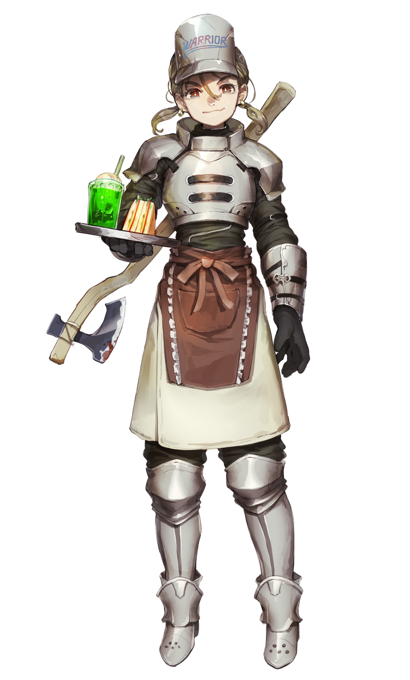 1girl armor axe black_gloves blonde_hair blood bloody_weapon breastplate brown_eyes closed_mouth cup drinking_glass drinking_straw earrings fantasy food frills gloves greaves helmet highres holding holding_plate jewelry knight liquid nightmare-kck original pauldrons plate sandwich scratches shoulder_armor simple_background smile solo standing vambraces waitress warrior weapon weapon_on_back white_background