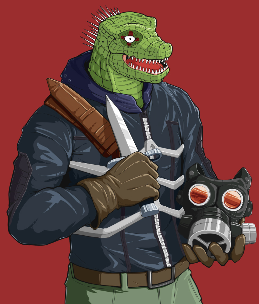 1boy belt black_eyes black_jacket brown_gloves caiman cubechicken15 dorohedoro gloves green_pants jacket knife lizardman mask mask_removed open_mouth pants red_background sheath simple_background standing teeth zipper