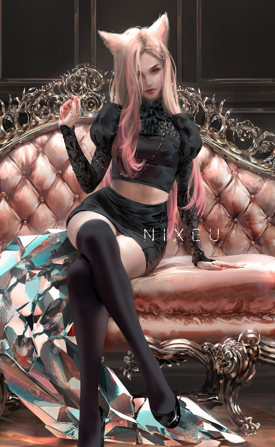 1girl ahri animal_ears arm_support blue_eyes couch crossed_legs fantasy fox_ears hair_over_one_eye highres league_of_legends lips long_hair looking_at_viewer midriff miniskirt nixeu original pink_hair puffy_sleeves skirt solo thigh-highs whisker_markings zettai_ryouiki