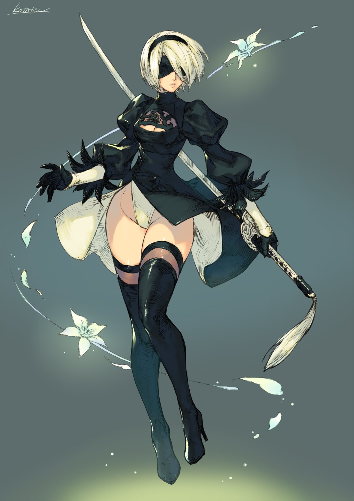 black_blindfold black_dress black_hairband blindfold boots breasts cleavage_cutout covered_eyes dress feather-trimmed_sleeves flower gloves green_background hairband high_heel_boots high_heels highleg highleg_leotard highres juliet_sleeves katana kotatsu_(g-rough) leather leather_boots leotard long_sleeves medium_breasts nier_(series) nier_automata puffy_sleeves silver_hair sword thigh-highs thigh_boots thighhighs_under_boots weapon white_leotard yorha_no._2_type_b