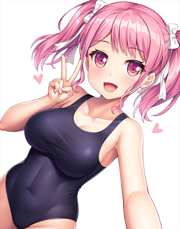 1girl bang_dream! blue_swimsuit breasts collarbone commentary_request cowboy_shot lambda_(kusowarota) large_breasts long_hair looking_at_viewer maruyama_aya new_school_swimsuit pink_eyes pink_hair school_swimsuit self_shot simple_background skin_tight solo swimsuit twintails v white_background
