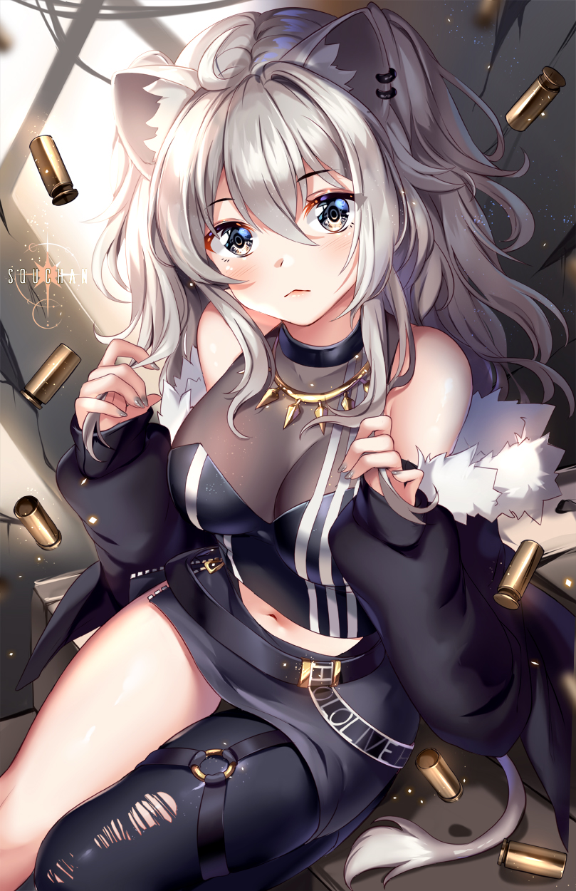 1girl :&lt; ahoge animal_ear_fluff animal_ears artist_name bangs bare_shoulders black_jacket black_legwear black_shirt black_skirt blush breasts commentary earrings eyebrows_visible_through_hair fur-trimmed_jacket fur_trim grey_eyes grey_nails hair_between_eyes hands_up head_tilt highres hololive jacket jewelry large_breasts lion_ears lion_tail long_hair long_sleeves looking_at_viewer microskirt nail_polish navel necklace off_shoulder open_clothes open_jacket pantyhose shirt shishiro_botan silver_hair single_leg_pantyhose sitting skirt solo squchan tail thighs