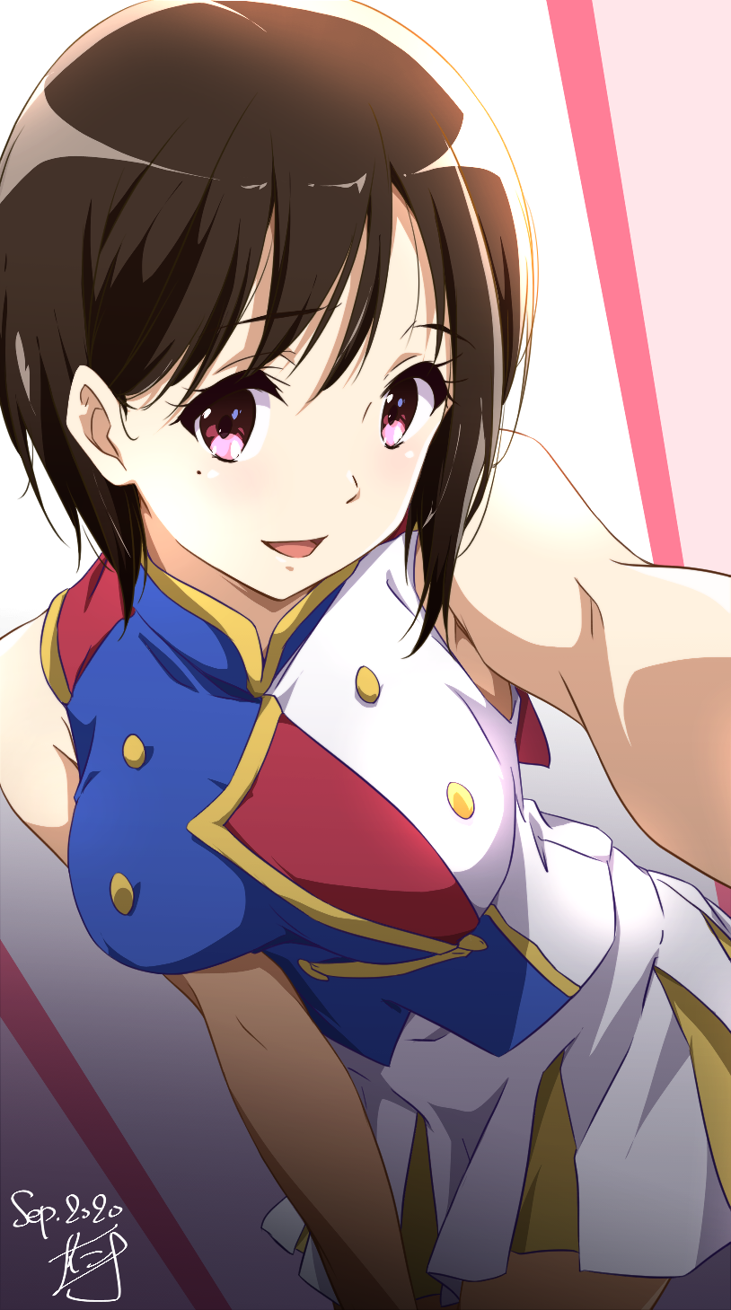 1girl :d bangs bare_arms bare_shoulders blush breasts brown_hair cowboy_shot dated dress eyebrows_visible_through_hair hibike!_euphonium highres leaning_forward looking_at_viewer medium_breasts mole mole_under_eye multicolored multicolored_clothes multicolored_dress nakaseko_kaori nii_manabu open_mouth outstretched_arm self_shot short_hair signature sleeveless sleeveless_dress smile solo swept_bangs violet_eyes