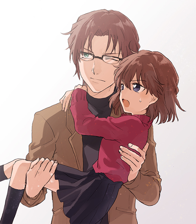 1boy 1girl arm_around_neck black-framed_eyewear black_legwear black_shirt black_skirt blue_eyes brown_coat brown_hair carrying closed_mouth coat glasses green_eyes haibara_ai kneehighs long_sleeves medium_hair meitantei_conan miniskirt okiya_subaru one_eye_closed open_clothes open_coat open_mouth pleated_skirt princess_carry red_sweater shiny shiny_hair shirt simple_background skirt sweater white_background zarutsu