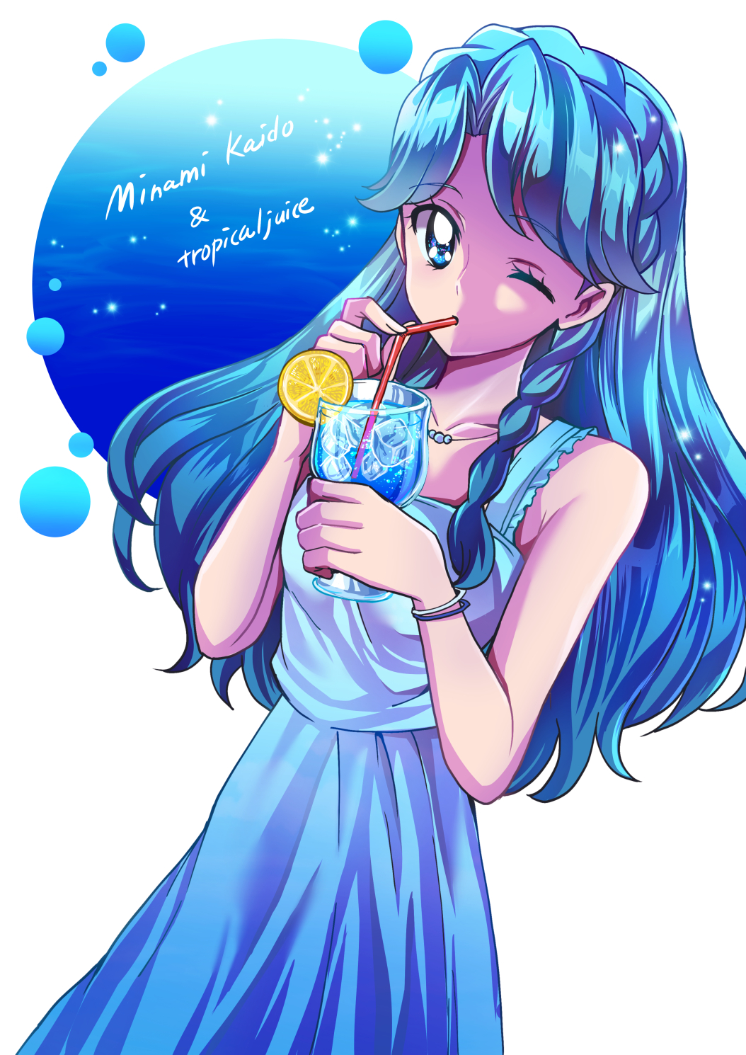 1girl blue_dress blue_eyes blue_hair character_name collarbone cup dress drinking drinking_straw floating_hair food fruit go!_princess_precure hair_tubes highres holding holding_cup kaidou_minami lemon lemon_slice long_dress long_hair precure sharumon shiny shiny_hair sleeveless sleeveless_dress solo standing sundress very_long_hair white_background