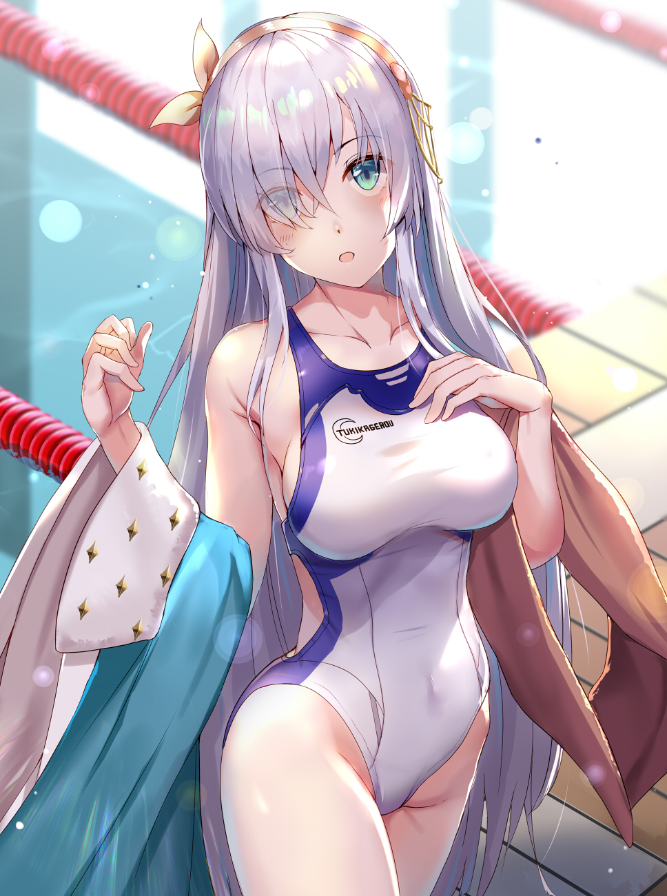 1girl anastasia_(fate/grand_order) bangs bare_shoulders blue_eyes blue_swimsuit blush breasts collarbone competition_swimsuit fate/grand_order fate_(series) hairband highleg highleg_swimsuit highres large_breasts long_hair looking_at_viewer off_shoulder one-piece_swimsuit open_mouth pool renka_(renkas) robe silver_hair swimsuit thighs two-tone_swimsuit very_long_hair white_swimsuit