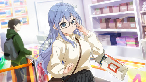 22/7 blush glasses long_hair maruyama_akane purple_hair smile sweater violet_eyes