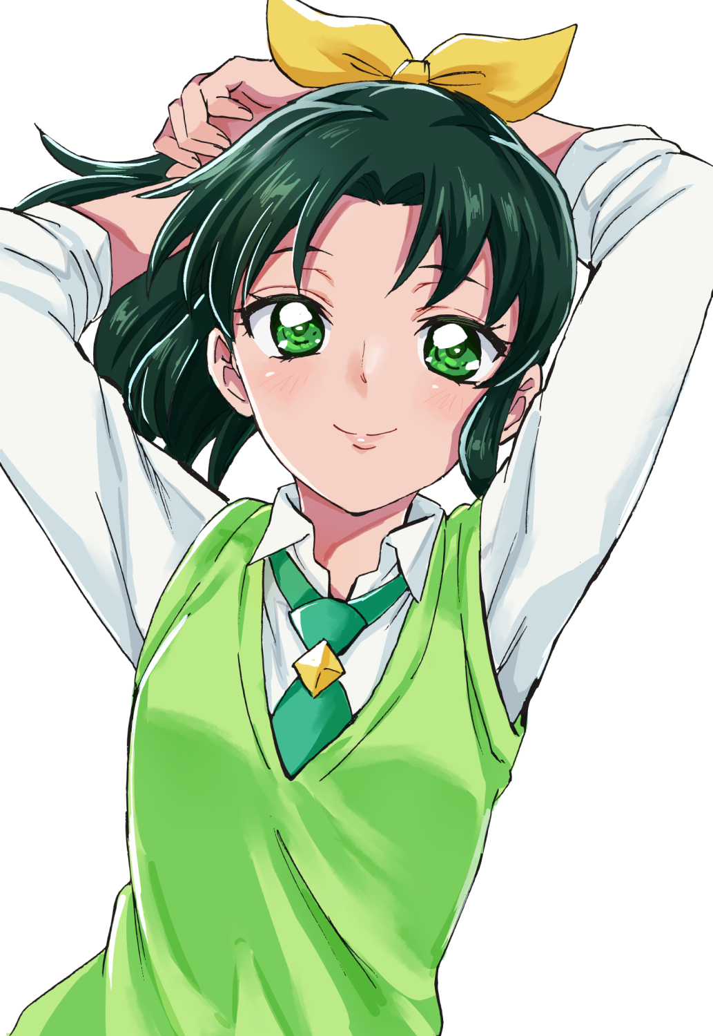 1girl arms_up bow closed_mouth collared_shirt floating_hair green_eyes green_hair green_neckwear green_sweater hair_bow highres long_sleeves looking_at_viewer midorikawa_nao ponytail precure school_uniform sharumon shiny shiny_hair shirt simple_background smile smile_precure! solo sweater sweater_vest upper_body white_background white_shirt wing_collar yellow_bow