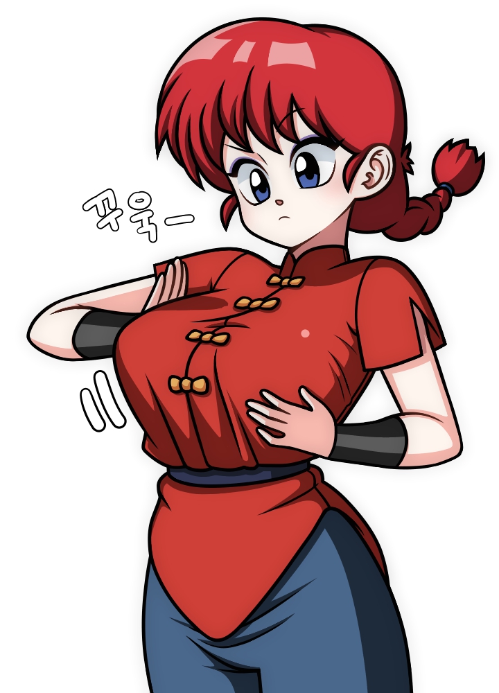 1girl blue_eyes braid breasts chinese_clothes closed_mouth eron genderswap genderswap_(mtf) large_breasts medium_hair ranma-chan ranma_1/2 redhead saotome_ranma simple_background single_braid solo white_background
