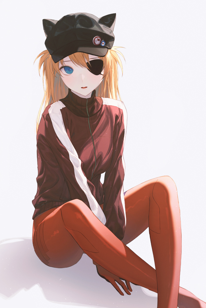 1girl animal_ears between_legs black_headwear blue_eyes bodysuit cabbie_hat eyepatch fake_animal_ears hat hiera12 jacket knees_up long_hair long_sleeves looking_at_viewer neon_genesis_evangelion orange_hair parted_lips red_bodysuit red_jacket revision shadow simple_background sitting solo souryuu_asuka_langley track_jacket v_arms white_background