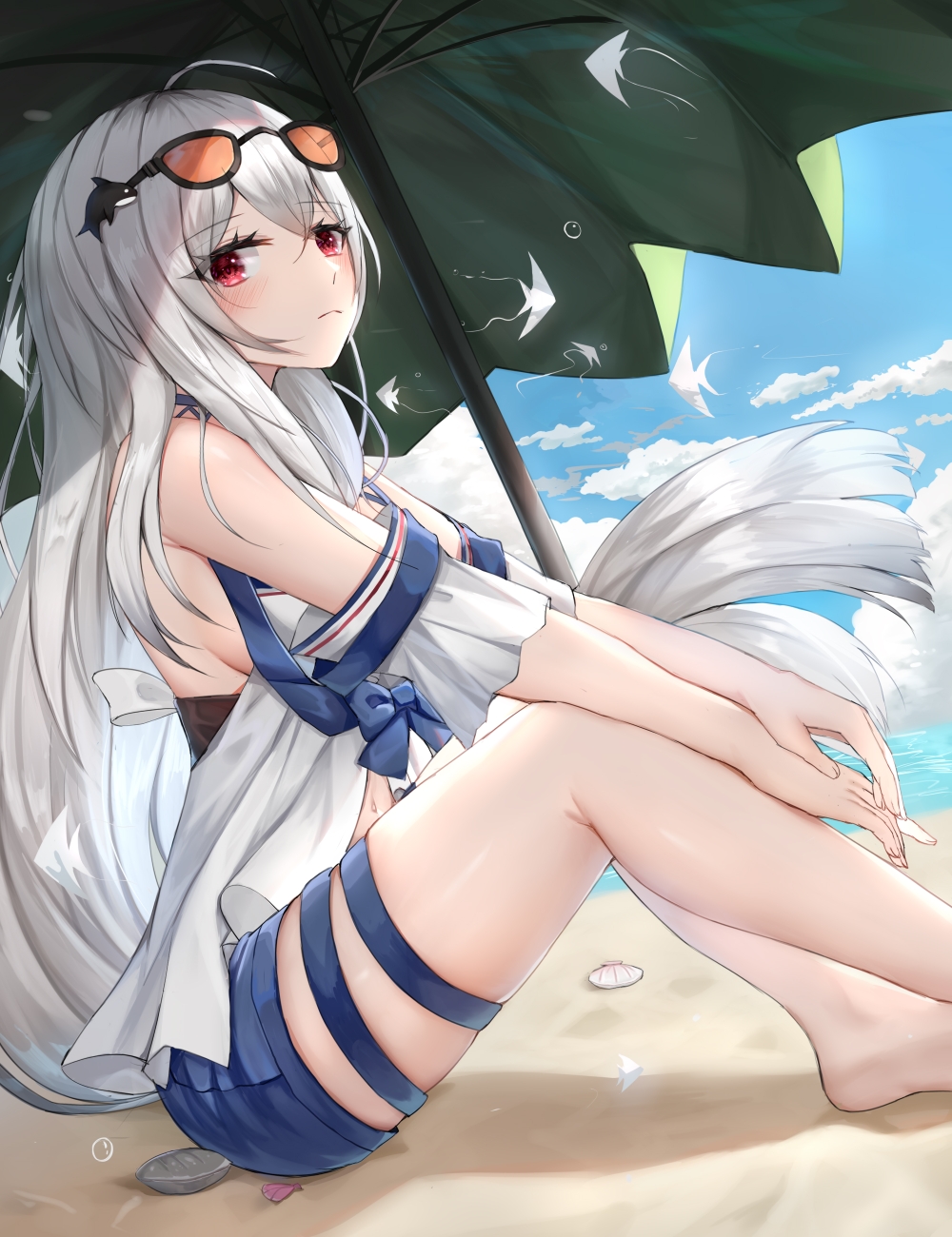 1girl ahoge arknights bangs bare_shoulders barefoot beach_umbrella blue_shorts blue_sky clouds commentary day eyebrows_visible_through_hair eyewear_on_head feet_out_of_frame green_umbrella hair_ornament highres linz_(linzimmm) long_hair looking_at_viewer navel no_hat no_headwear off-shoulder_shirt off_shoulder outdoors red_eyes shadow shirt short_shorts short_sleeves shorts silver_hair sitting skadi_(arknights) sky solo sunglasses thigh_strap thighs umbrella very_long_hair whale_hair_ornament white_shirt