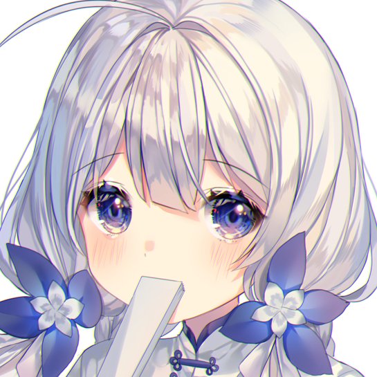 1girl ahoge azur_lane blue_eyes blue_flower blush china_dress chinese_clothes commentary covering_mouth dress eyebrows_visible_through_hair fan flower hair_between_eyes hair_flower hair_ornament illustrious_(azur_lane) illustrious_(maiden_lily's_radiance)_(azur_lane) shiro_albino simple_background white_background white_hair