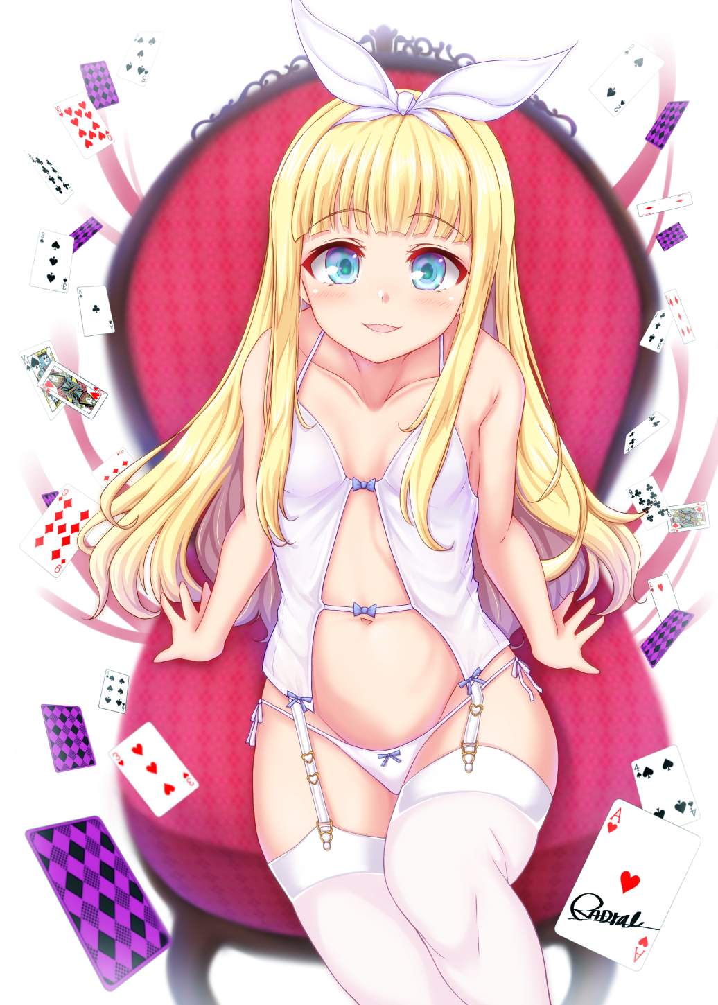 1girl babydoll bare_arms bare_shoulders blonde_hair blue_eyes breasts card chair collarbone from_above garter_straps giisu groin hair_ribbon highres lingerie long_hair looking_at_viewer mononobe_alice navel nijisanji open_mouth panties playing_card ribbon side-tie_panties sitting small_breasts smile solo spaghetti_strap stomach string_panties thigh-highs underwear underwear_only very_long_hair virtual_youtuber white_legwear white_panties