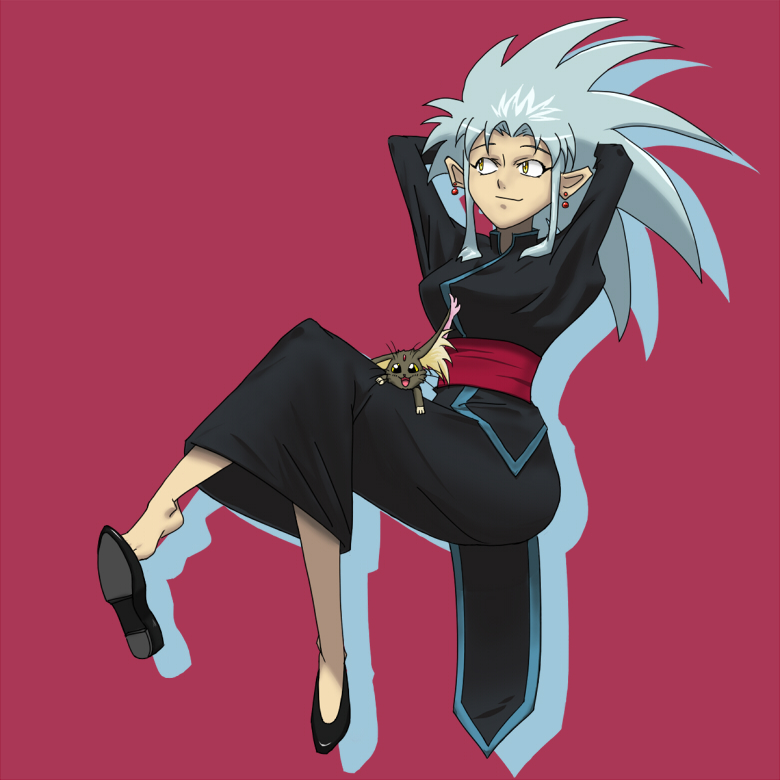 1girl black_dress cabbit crossed_legs dress earrings full_body jewelry light_blue_hair long_dress looking_to_the_side oldschool painttool_sai_(medium) pairu red_background ryou-ouki ryouko_(tenchi_muyou!) shin_tenchi_muyou! shoes simple_background spiky_hair tenchi_muyou!