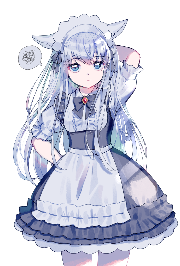 1girl animal_ears apron arm_behind_head arm_up bangs black_bow black_dress blue_eyes blush bow cat_ears center_frills closed_mouth collared_shirt dress eyebrows_visible_through_hair final_fantasy final_fantasy_xiv frills long_hair looking_at_viewer maid maid_headdress mechuragi original puffy_short_sleeves puffy_sleeves ribbon-trimmed_apron ribbon_trim shirt short_sleeves silver_hair simple_background sleeveless sleeveless_dress solo spoken_squiggle squiggle very_long_hair waist_apron white_apron white_background white_shirt