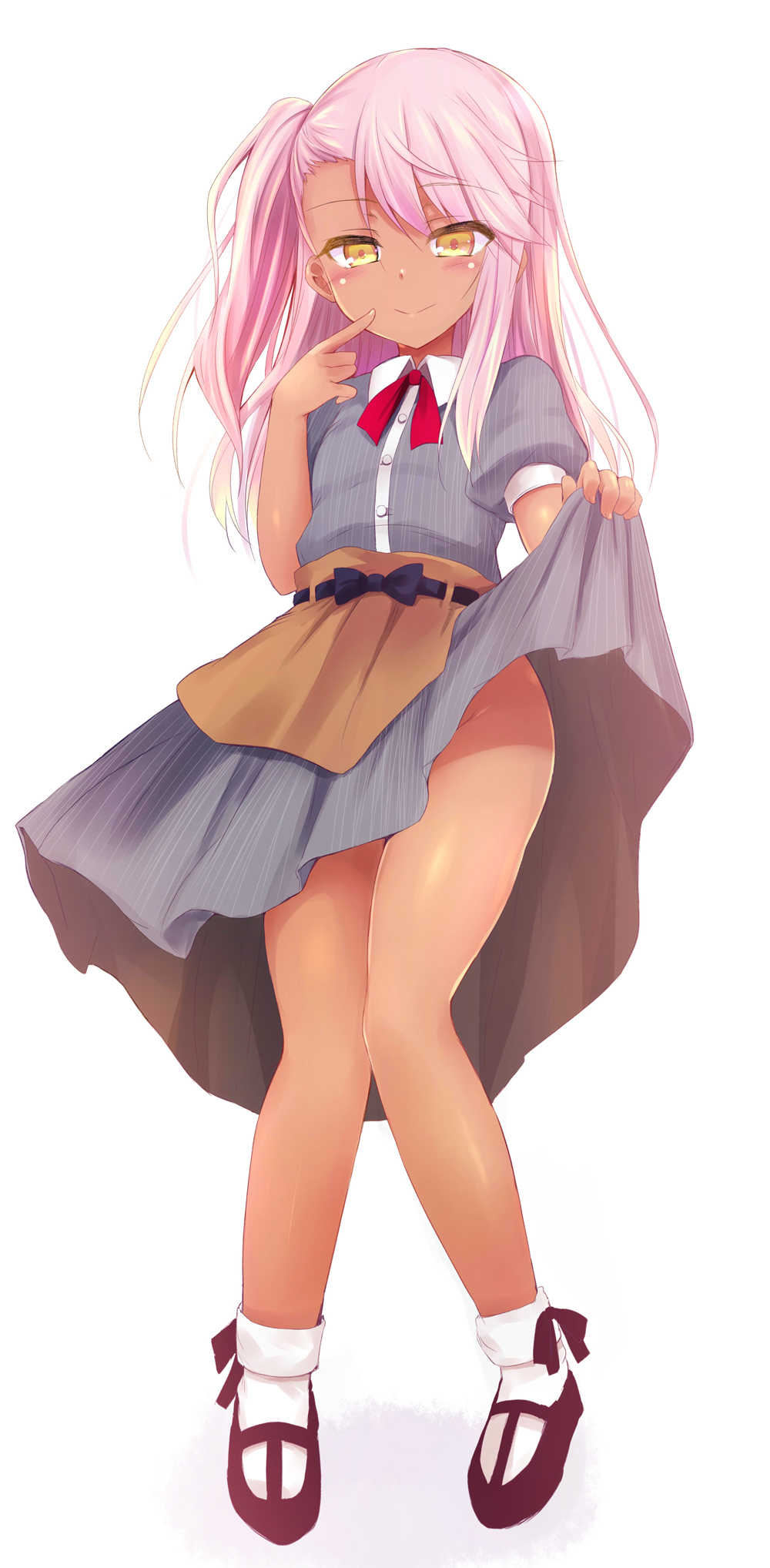 1girl bangs blush breasts chloe_von_einzbern dark_skin dress dress_lift fate/kaleid_liner_prisma_illya fate_(series) full_body grey_dress highres legs long_hair looking_at_viewer one_side_up pink_hair puffy_short_sleeves puffy_sleeves sen_(astronomy) short_sleeves sidelocks simple_background small_breasts smile white_background yellow_eyes