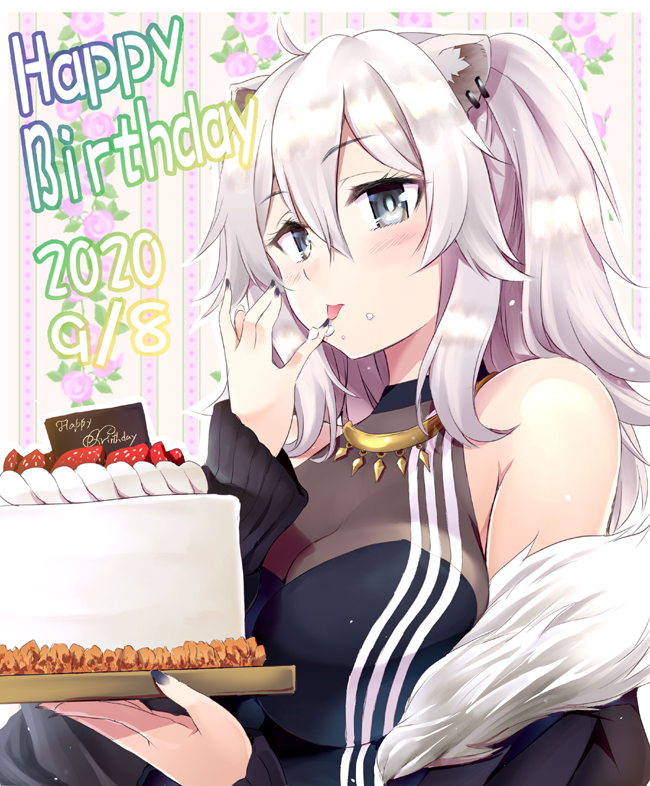 1girl ahoge animal_ear_fluff animal_ears bangs bare_shoulders black_jacket black_nails black_shirt cake commentary_request dated ear_piercing eyebrows_visible_through_hair finger_licking floral_background food food_on_face food_on_finger fruit fur-trimmed_jacket fur_trim grey_eyes hair_between_eyes hands_up happy_birthday holding hololive jacket licking lion_ears long_hair long_sleeves looking_away makishima_rin nail_polish off_shoulder piercing shirt shishiro_botan silver_hair sleeveless sleeveless_shirt sleeves_past_wrists solo strawberry tongue tongue_out upper_body virtual_youtuber