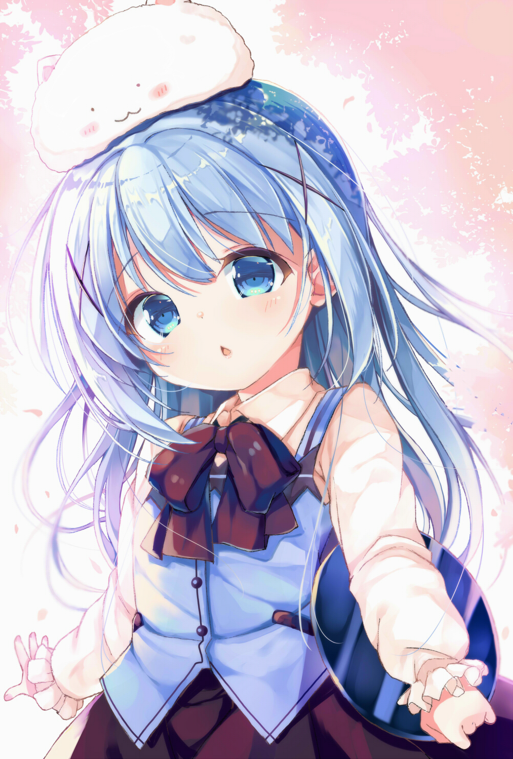 1girl angora_rabbit animal animal_on_head bangs blue_eyes blue_hair blue_vest blush bow brown_bow brown_skirt chestnut_mouth collared_shirt commentary english_commentary eyebrows_visible_through_hair gochuumon_wa_usagi_desu_ka? hair_between_eyes hair_ornament head_tilt highres holding holding_tray kafuu_chino long_hair looking_at_viewer neko_pan on_head parted_lips rabbit rabbit_house_uniform shirt skirt solo tippy_(gochiusa) tray uniform very_long_hair vest waitress white_shirt x_hair_ornament