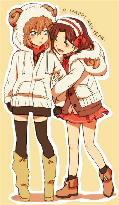 2girls :d :o ankle_boots arm_holding arm_hug bangs black_gloves black_shorts blue_eyes blush bob_cut boots brown_hair chinese_zodiac closed_eyes curled_horns drawstring fake_horns full_body fur-trimmed_hood fur_trim gloves haibara_ai hair_ribbon hairband hand_on_another's_arm happy_new_year hood hood_down hooded_jacket horns jacket long_sleeves looking_at_another meitantei_conan mido_(byebyebye03) miniskirt multiple_girls neck_ribbon new_year open_clothes open_jacket open_mouth outline parted_bangs red_ribbon red_skirt ribbon short_hair shorts simple_background skirt smile socks standing thigh-highs turtleneck white_jacket white_outline year_of_the_goat yellow_background yellow_footwear yoshida_ayumi