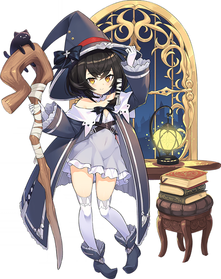 1girl ash_arms black_hair chair collarbone full_body gloves hat jacket lantern navel official_art ribbon short_hair smile solo staff thigh-highs transparent_background white_gloves witch_hat yellow_eyes