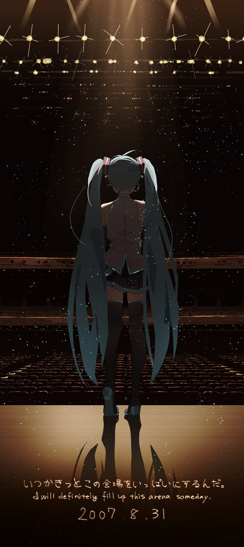 1girl agas_(vpwt7475) ahoge aqua_hair back boots commentary_request dated elbow_gloves empty english_text facing_away gloves hair_ornament hatsune_miku highres long_hair long_image miniskirt pleated_skirt seat shadow skirt sparkle stadium stage stage_lights standing tall_image thigh-highs thigh_boots twintails very_long_hair vocaloid