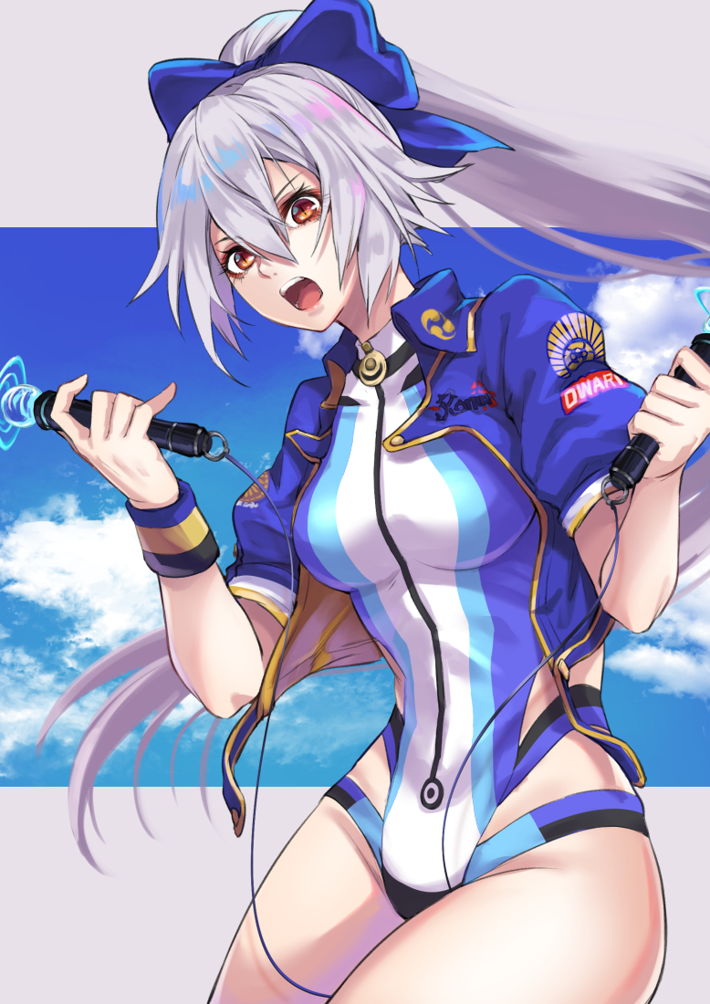 1girl bangs blue_bow blue_jacket blue_swimsuit bow breasts dual_wielding energy_sword fate/grand_order fate_(series) highleg highleg_swimsuit holding jacket large_breasts long_hair looking_at_viewer one-piece_swimsuit open_mouth ponytail re_(re_09) red_eyes short_sleeves silver_hair swimsuit sword tomoe_gozen_(fate/grand_order) tomoe_gozen_(swimsuit_saber)_(fate) two-tone_swimsuit very_long_hair weapon white_swimsuit