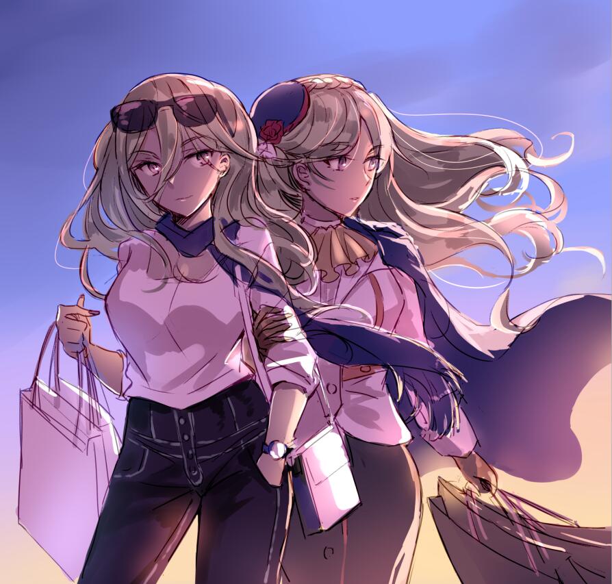 2girls bag blonde_hair blue_scarf braid breasts character_request closed_mouth denim eyebrows_visible_through_hair eyewear_on_head hair_ornament hand_in_pocket hat holding holding_arm holding_bag jeans long_hair looking_away multiple_girls open_eyes pants richelieu_(kantai_collection) scarf shirt shopping_bag skirt violet_eyes warship_girls_r watch white_shirt yuemanhuaikong