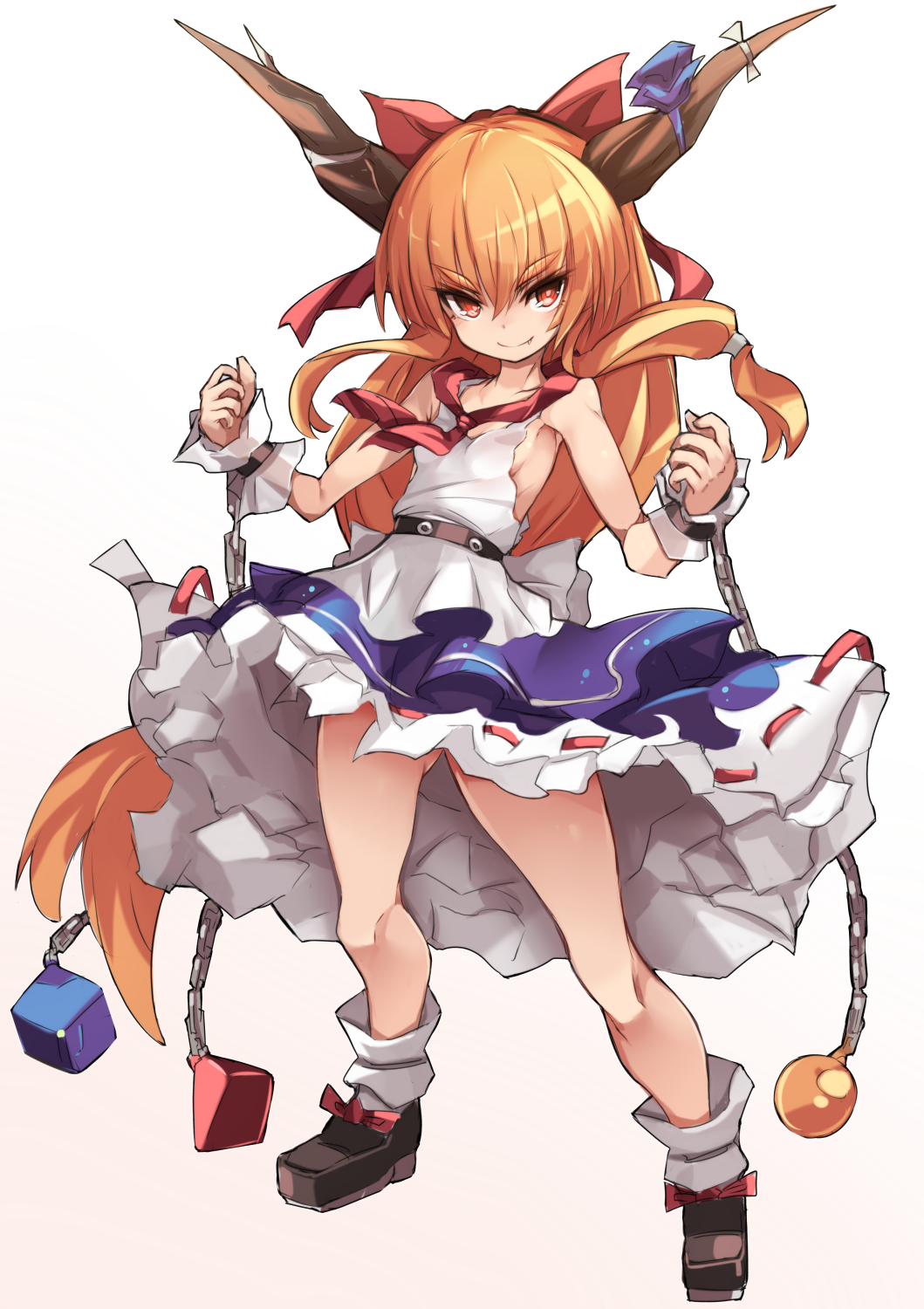 1girl blue_ribbon blue_skirt bow breasts brown_footwear chain closed_mouth fang fang_out full_body gradient gradient_background hair_bow highres horn_ornament horn_ribbon horns ibuki_suika karukan_(monjya) long_hair looking_at_viewer orange_hair red_bow red_eyes red_neckwear ribbon ribbon-trimmed_skirt ribbon_trim shirt shoe_bow shoes simple_background skirt sleeveless sleeveless_shirt small_breasts smile socks solo standing tachi-e touhou white_background white_legwear white_shirt wrist_cuffs