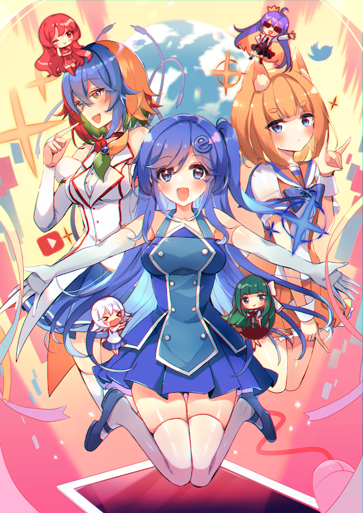 &gt;_&lt; 6+girls :&gt; :d ;&gt; ahoge animal_ears arms_up bangs bing bing_(merryweather) blonde_hair blue_eyes blue_footwear blue_hair blunt_bangs blush bow bowtie crown elbow_gloves eyebrows_visible_through_hair firefox firefox_(merryweather) fox_ears fox_shadow_puppet gloves google_chrome google_chrome_(merryweather) green_eyes green_hair hair_between_eyes hair_bow hair_intakes hair_ornament happy internet_explorer internet_explorer_(merryweather) internet_explorer_(webcomic) jumping kirero long_hair looking_at_viewer minigirl multicolored multicolored_eyes multicolored_hair multiple_girls netscape netscape_(merryweather) one_eye_closed open_mouth opera_(merryweather) opera_(web_browser) orange_hair power_lines purple_hair red_eyes redhead sailor_collar shirt short_eyebrows short_hair side_ponytail smile sunglasses tearing_up thigh-highs tor_(merryweather) tor_browser white_bow white_gloves white_hair white_legwear white_shirt yellow_eyes