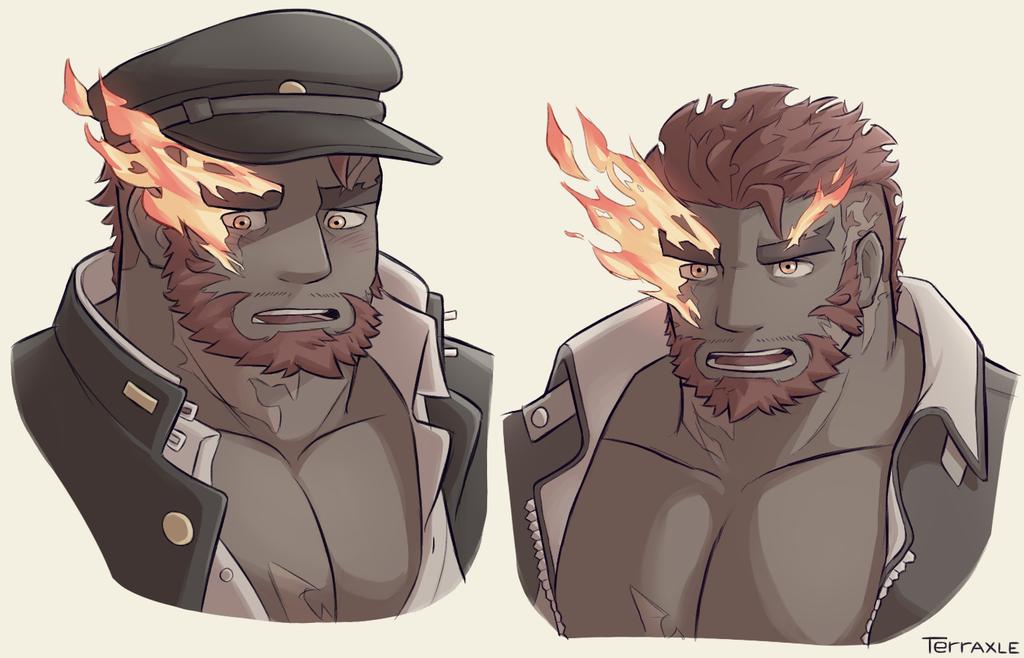 1boy bara beard chest close-up cropped_shoulders facial_hair flaming_eye hat hephaestus_(tokyo_houkago_summoners) looking_at_viewer male_focus manly muscle pectorals police police_hat police_uniform red_eyes scar short_hair terraxle thick_eyebrows tokyo_houkago_summoners uniform upper_body yellow_eyes
