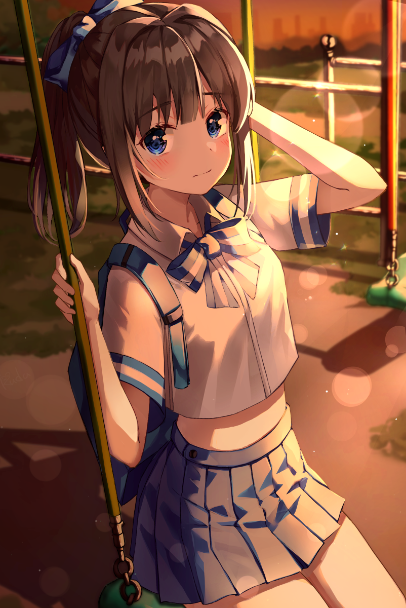 1girl arm_up backpack bag bangs blue_bow blue_eyes blue_skirt blush bow bowtie brown_hair closed_mouth collared_shirt commentary_request crop_top crop_top_overhang dress_shirt eyebrows_visible_through_hair fence hair_bow hair_intakes hand_behind_head high-waist_skirt highres holding long_hair looking_at_viewer midriff miniskirt original outdoors pleated_skirt ponytail ruda_(ruda_e) school_uniform shirt short_sleeves sitting skirt solo striped striped_bow sunlight sunset swing white_shirt