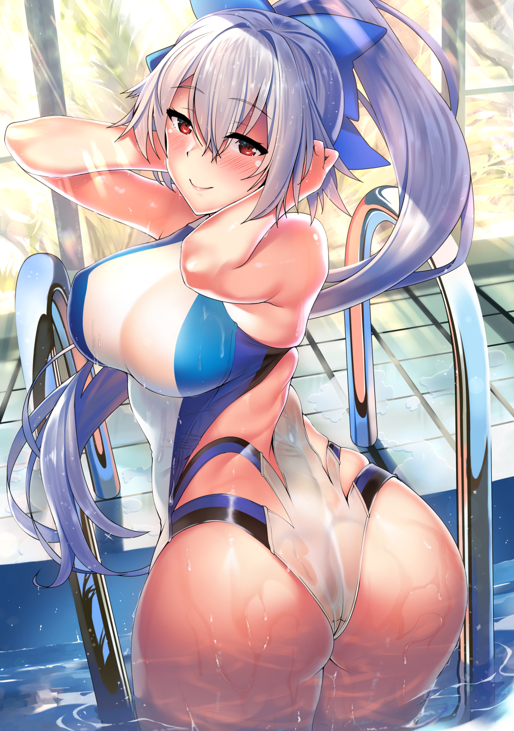 1girl armpits arms_behind_head arms_up ass back bangs blue_bow blue_swimsuit bow breasts closed_mouth fate/grand_order fate_(series) hair_between_eyes hair_bow highleg highleg_swimsuit highres kawai large_breasts long_hair looking_at_viewer looking_back one-piece_swimsuit ponytail pool_ladder poolside red_eyes silver_hair swimsuit thighs tomoe_gozen_(fate/grand_order) tomoe_gozen_(swimsuit_saber)_(fate) two-tone_swimsuit wet white_swimsuit