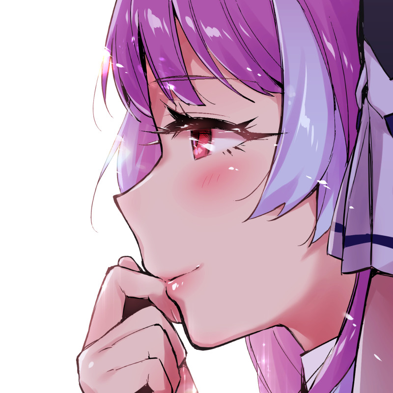 1girl close-up from_side hand_to_own_mouth implied_yuri light_smile looking_ahead macross macross_delta mikumo_guynemer purple_hair red_eyes sasanoneko solo