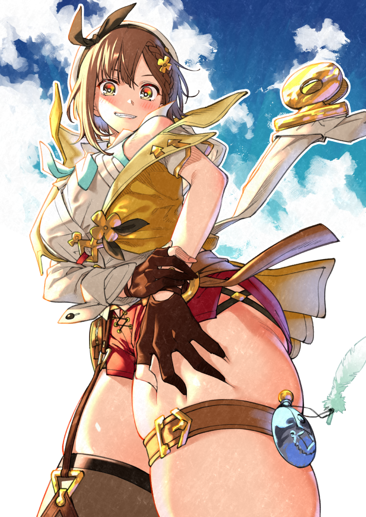 1girl aisu_reizou atelier_(series) atelier_ryza atelier_ryza_2 black_legwear blush breasts brown_eyes brown_gloves brown_hair gloves grabbing_own_thigh hair_ornament hairclip hand_on_own_wrist hat jacket large_breasts looking_at_viewer partly_fingerless_gloves red_shorts reisalin_stout round-bottom_flask shirt short_hair short_shorts shorts side_slit side_slit_shorts single_thighhigh skindentation sleeveless sleeveless_jacket sleeveless_shirt smile solo thick_thighs thigh-highs thigh_strap thighs white_headwear yellow_jacket
